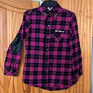 D-Signed PLAID BUTTON-UP SHIRT GIRLS M PINK BLACK JEWEL EMBELLISHED MESH DETAIL